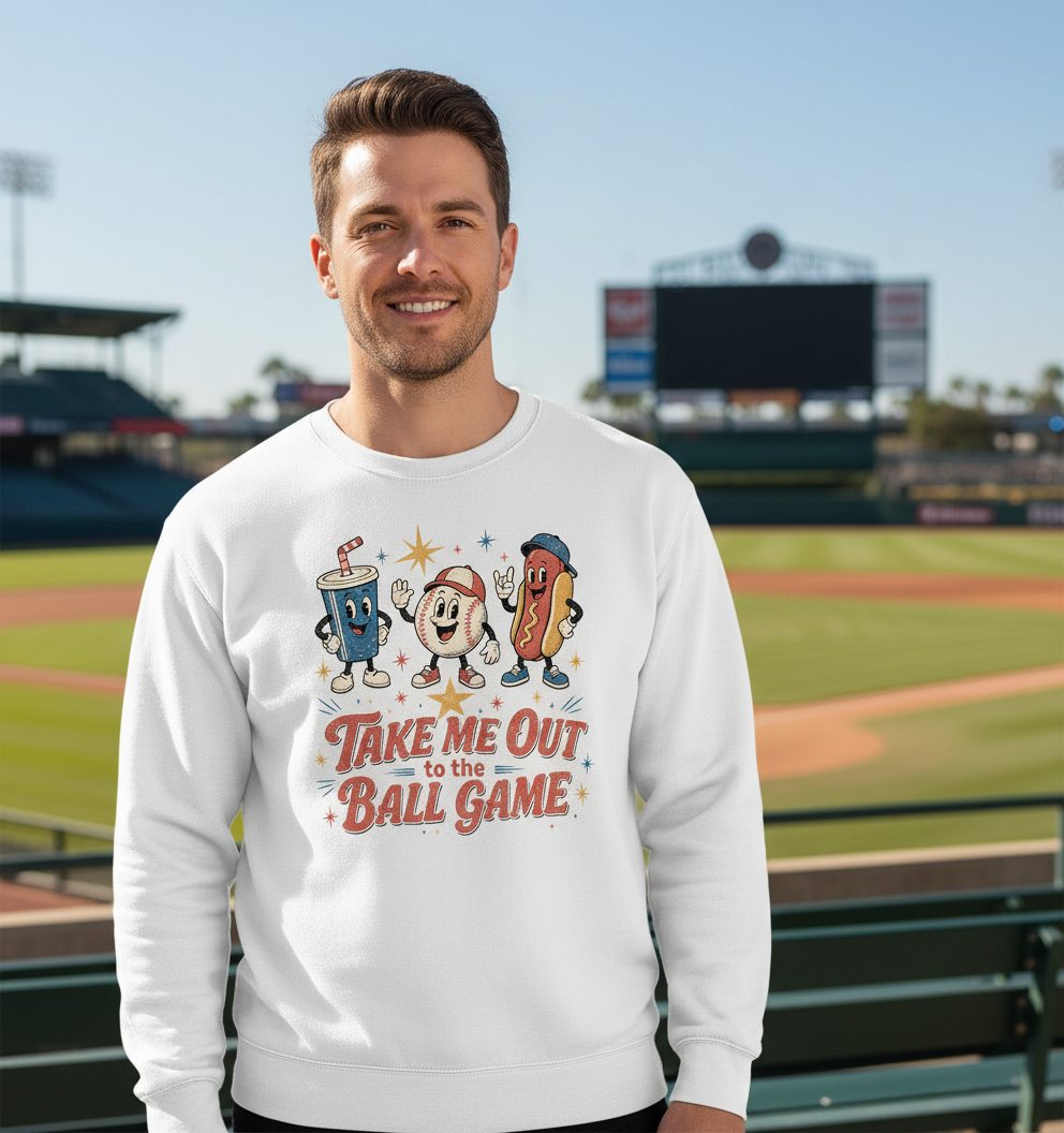 Take Me Out to the Ball Game Retro Baseball Sweatshirt - lifestyle model mockup - White