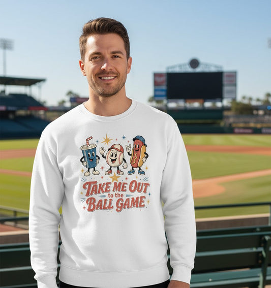 Take Me Out to the Ball Game Retro Baseball Sweatshirt - lifestyle model mockup - White