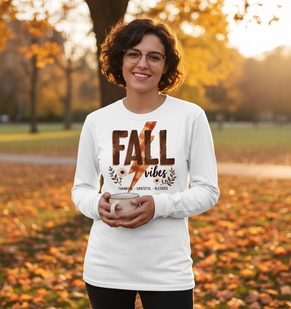 Fall Vibes Thankful Grateful Blessed autumn Long Sleeve Tee White lifestyle mockup