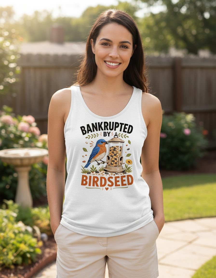 Bankrupted By Birdseed Funny Humor Tank Top - lifestyle model mockup - White