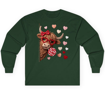 Crochet Valentine's Highland Cow highland cow Long Sleeve Tee Forest Green product mockup