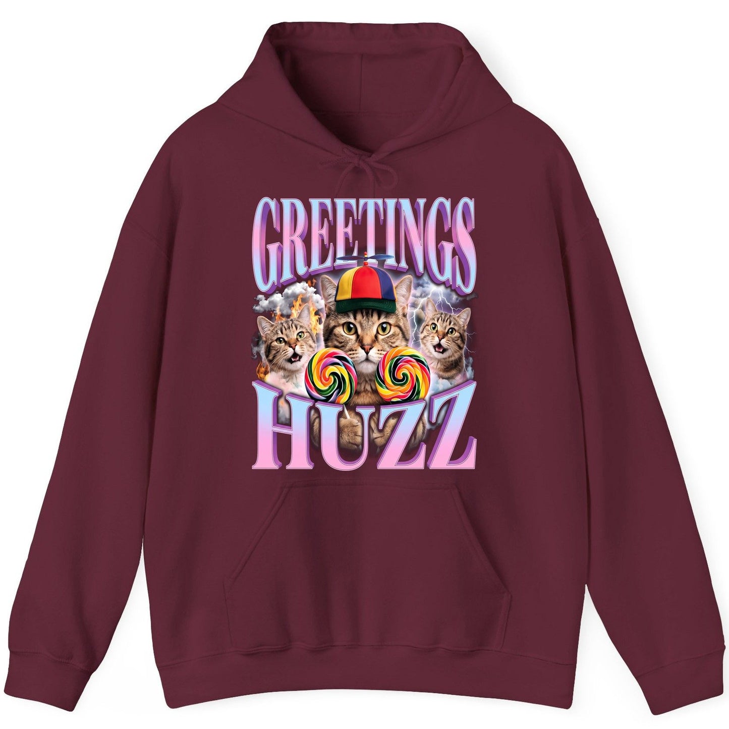 Greetings Huzz Funny Cats Hoodie - product mockup - Maroon