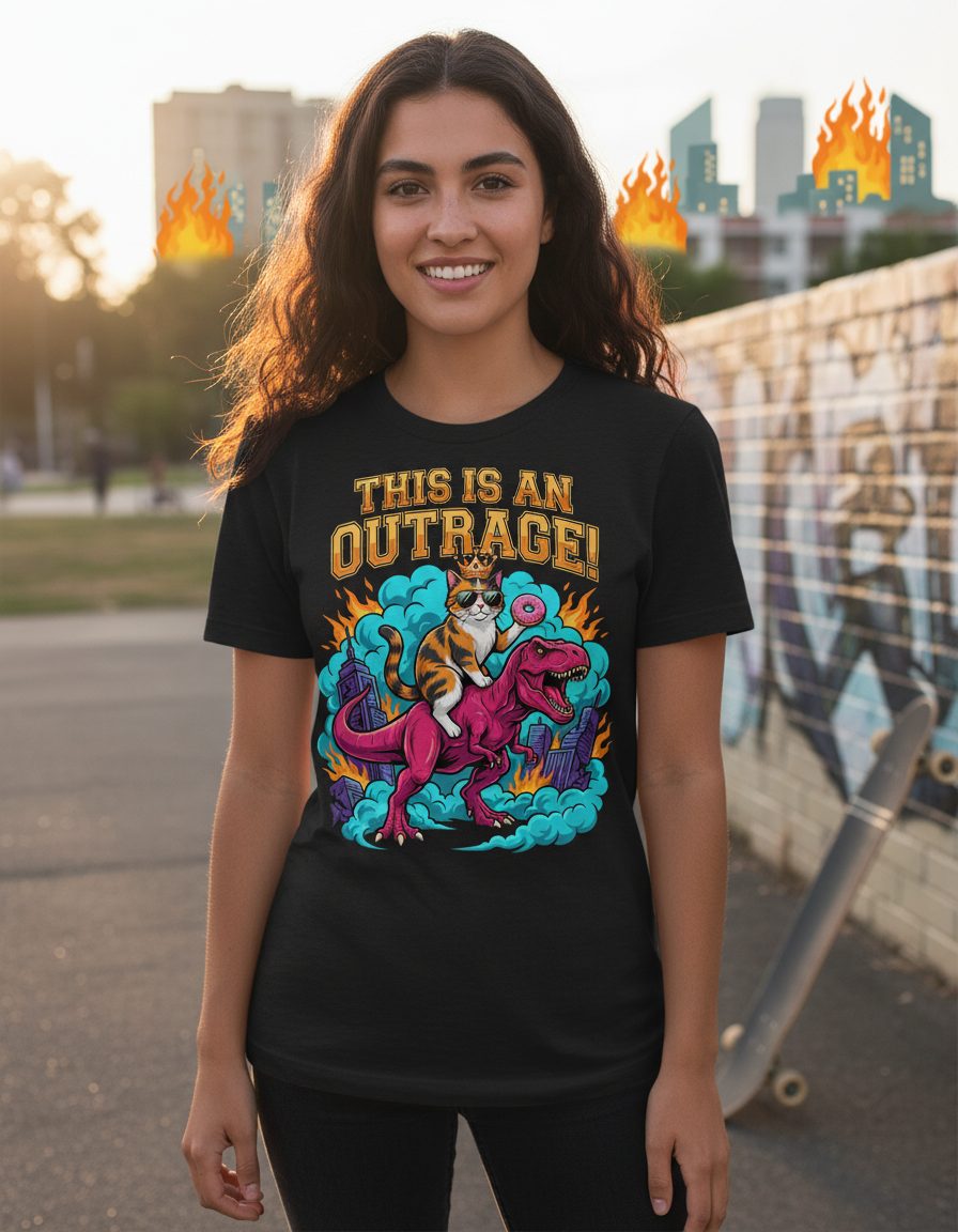 THIS IS AN OUTRAGE! Cat riding a T-Rex Youth T-Shirt Black lifestyle mockup