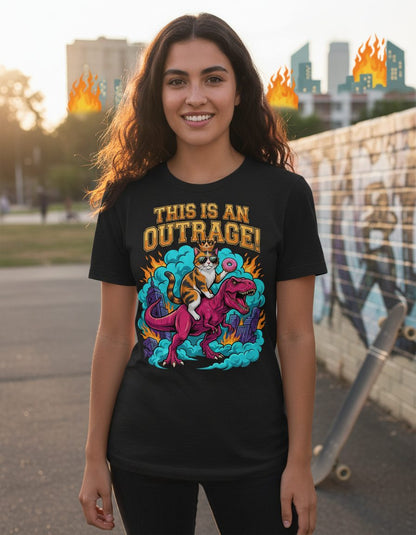 THIS IS AN OUTRAGE! Cat riding a T-Rex Youth T-Shirt Black lifestyle mockup