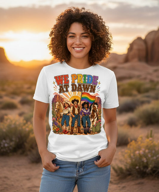 We Pride at Dawn Retro Lgbtq T-Shirt - lifestyle model mockup - White