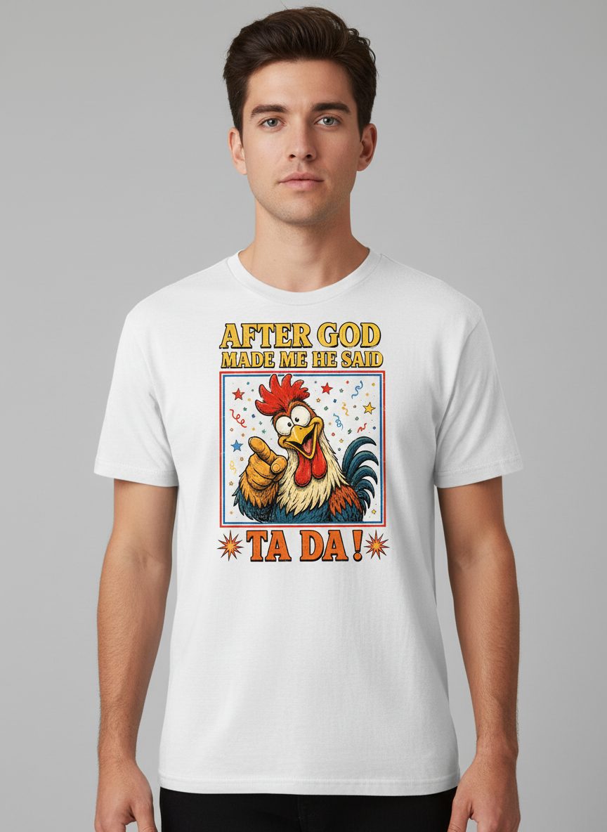 AFTER GOD MADE ME HE SAID TA DA Funny Rooster T-Shirt - product mockup - White