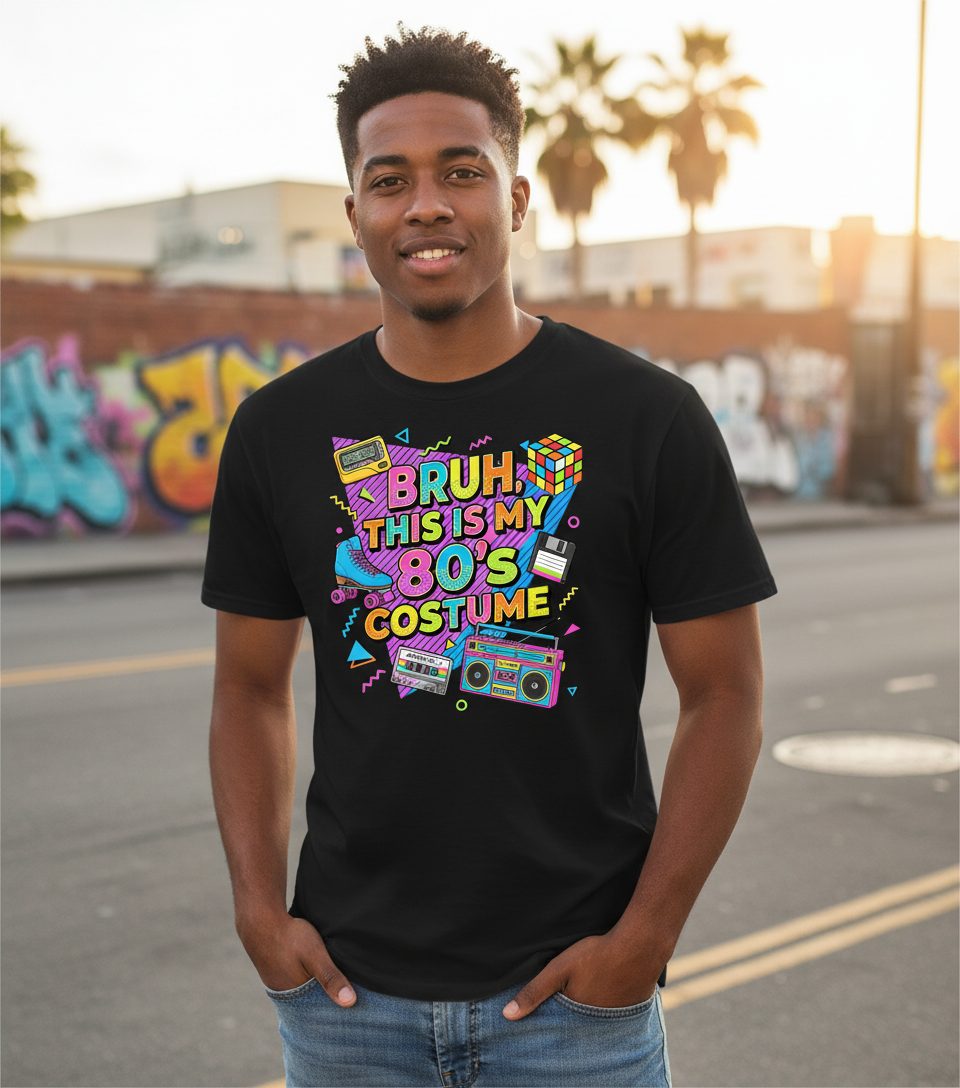 BRUH THIS IS MY 80'S Costume Funny Nostalgia T-Shirt - lifestyle model mockup - Black