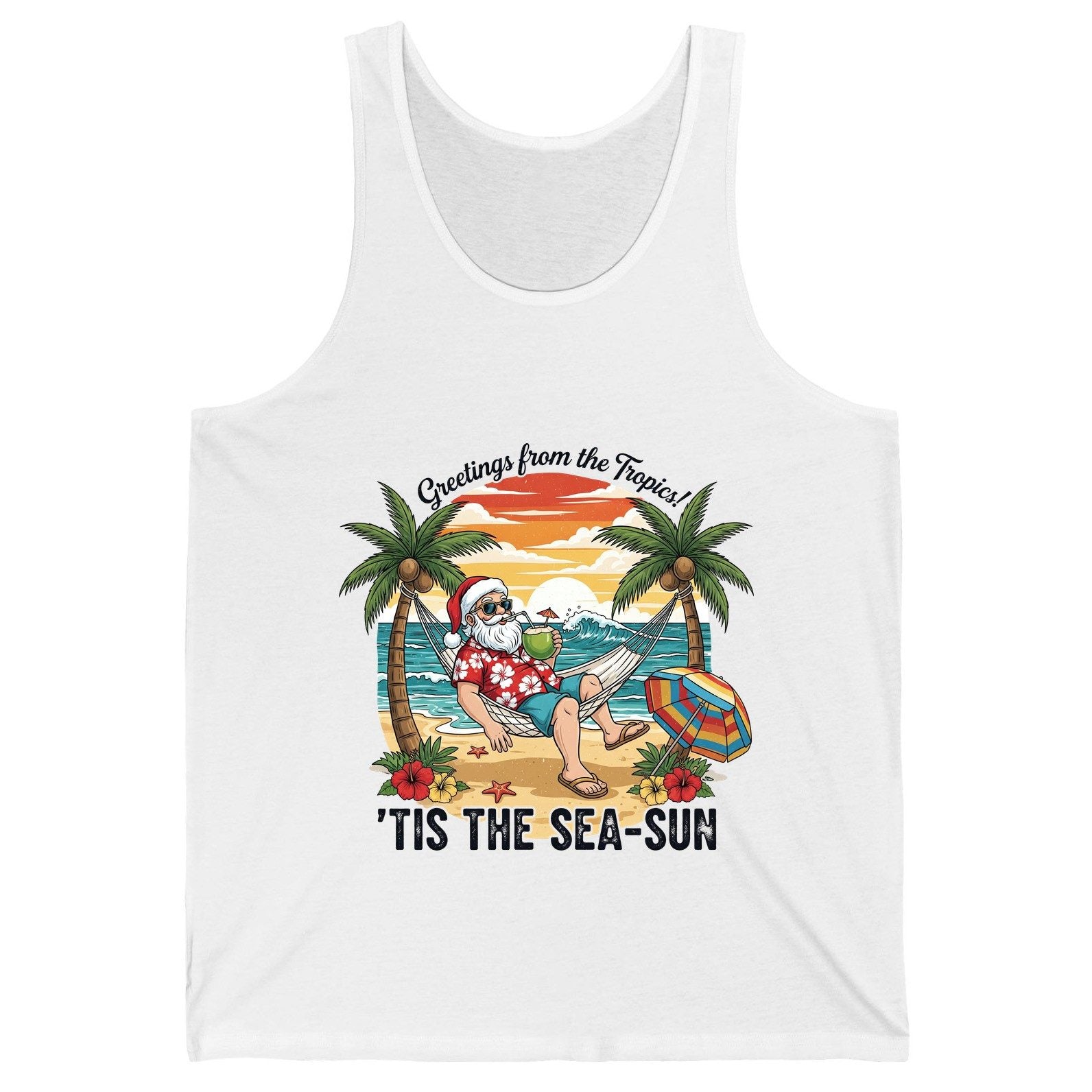 Greetings from the Tropics 'Tis the Sea-Sun santa claus on a tropical vacation Tank Top White product mockup