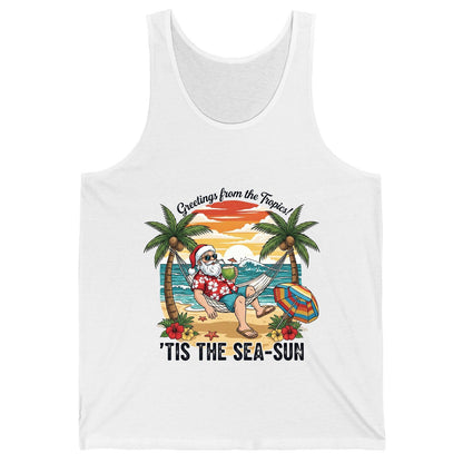 Greetings from the Tropics 'Tis the Sea-Sun santa claus on a tropical vacation Tank Top White product mockup