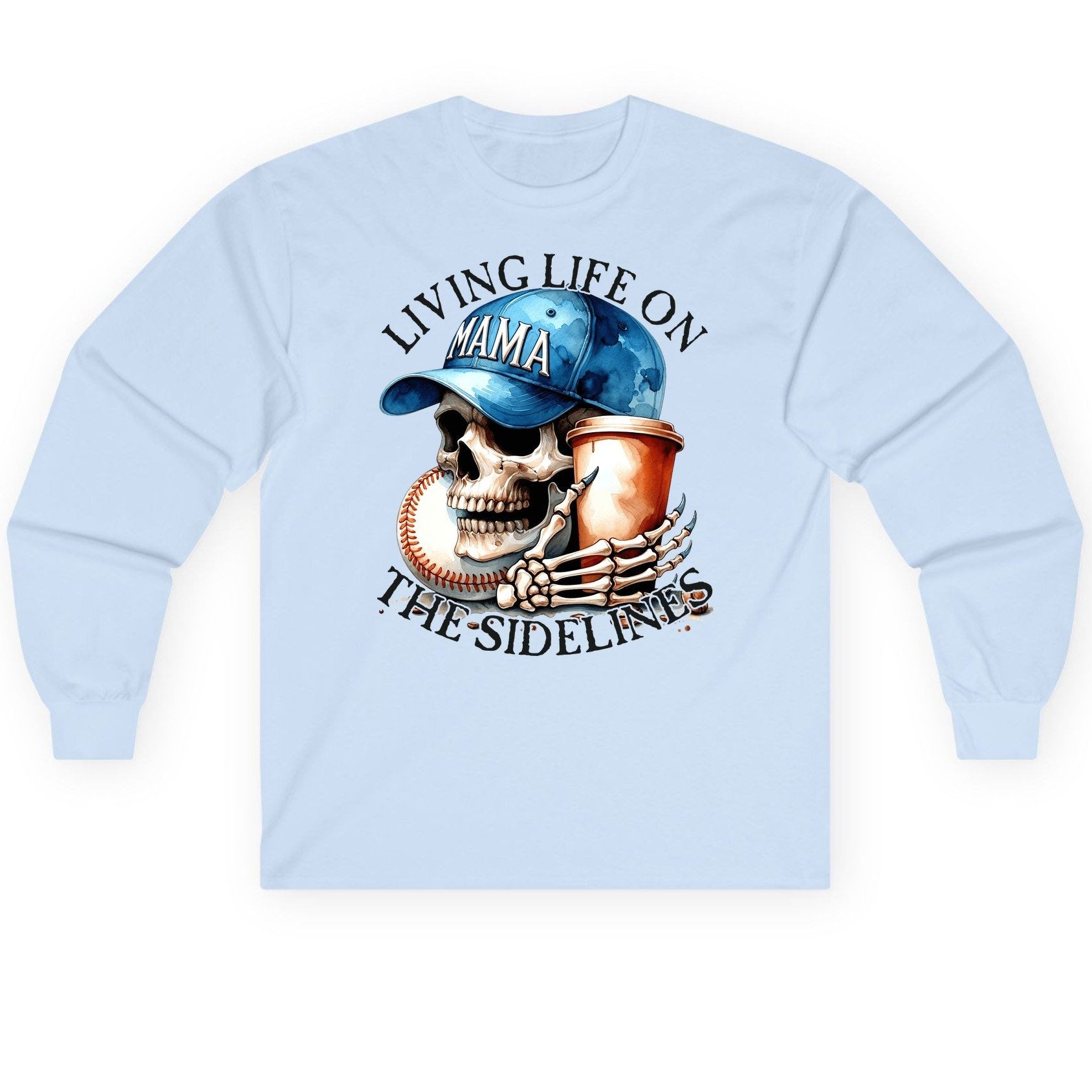 Living Life on the Sidelines Mama baseball mom Long Sleeve Tee Light Blue product mockup