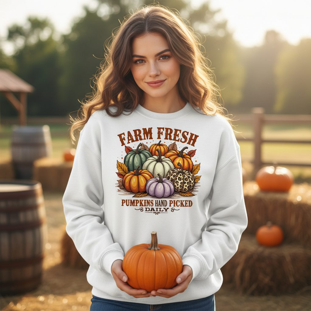 Farm Fresh Pumpkins Hand Picked Daily autumn pumpkins Sweatshirt White lifestyle mockup
