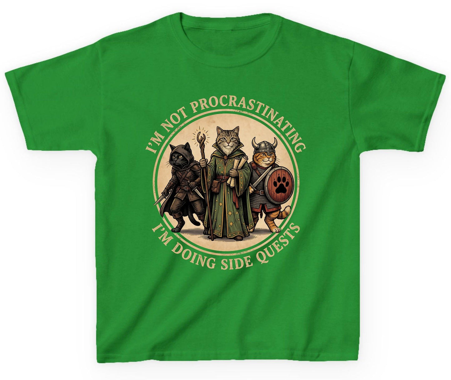 I'm Not Procrastinating I'm Doing Side Quests rpg cats Youth T-Shirt Irish Green product mockup
