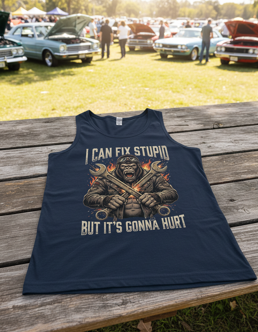 I Can Fix Stupid Gorilla Mechanic Biker Design Tank Top - Navy