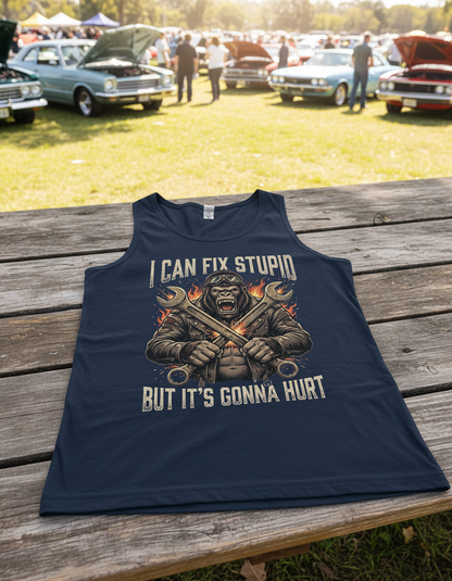 I Can Fix Stupid Gorilla Mechanic Biker Design Tank Top - Navy