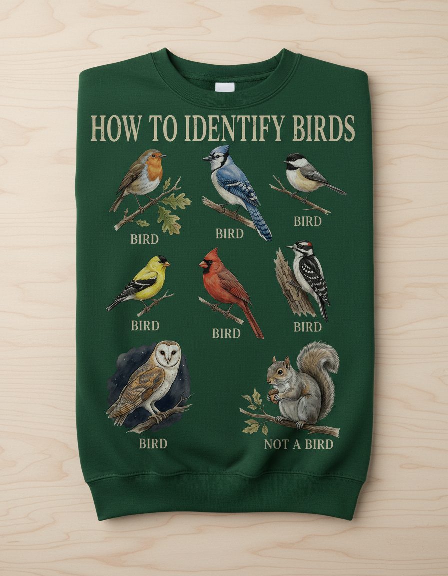 How to Identify Birds Funny Birdwatching Sweatshirt - product mockup - Forest Green