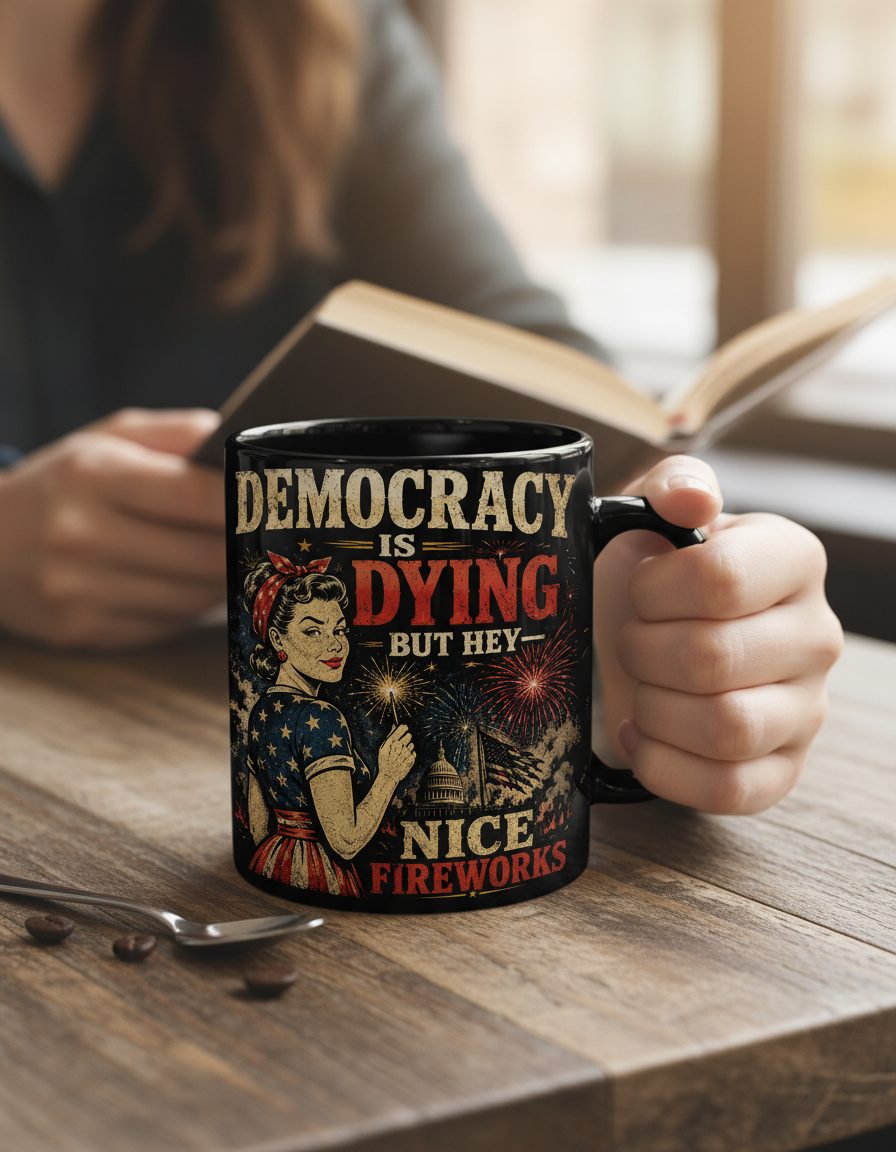 Democracy IS DYING BUT HEY NICE Fireworks Black Mug - lifestyle model mockup - Black