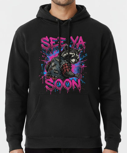 See Ya Soon Raccoon Hoodie - product mockup - Black