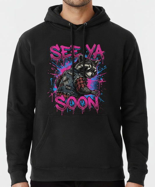 See Ya Soon Raccoon Hoodie - product mockup - Black