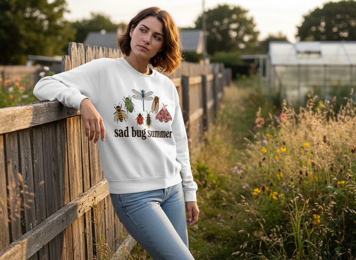 Sad Bug Summer Retro Enthusiasts Sweatshirt - lifestyle model mockup - White