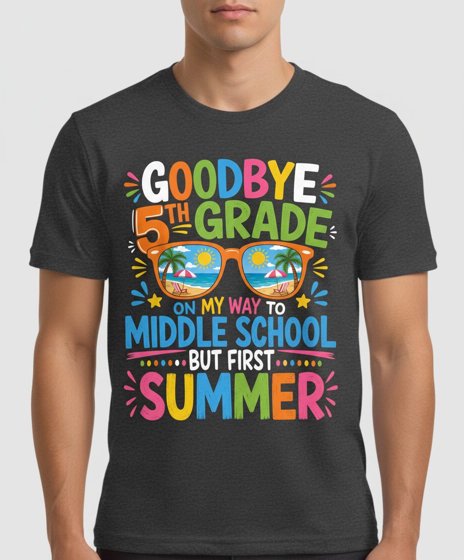 Goodbye 5th Grade on My Way to Middle School but First Summer T-Shirt - product mockup - Dark Heather