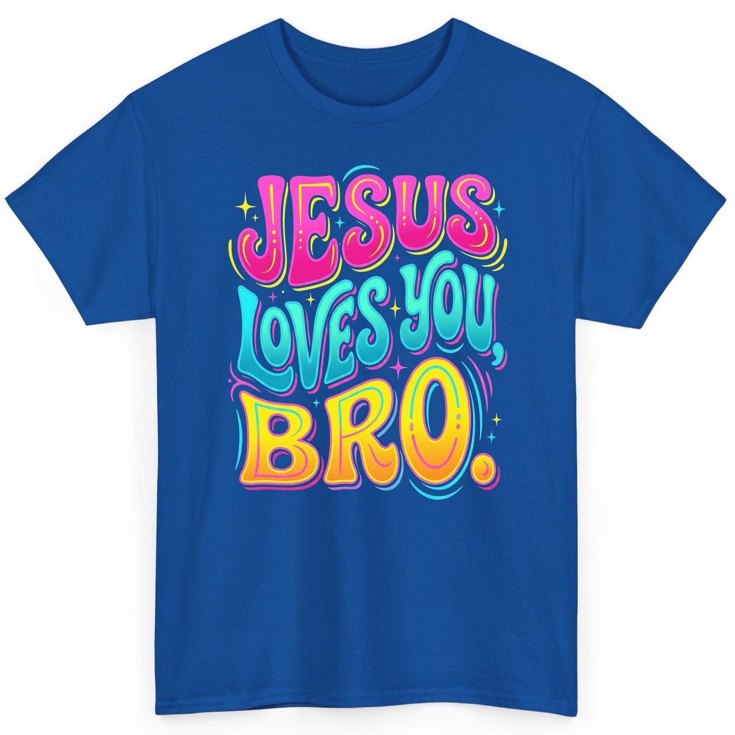 JESUS LOVES YOU BRO Retro Christian T-Shirt - product mockup - Royal