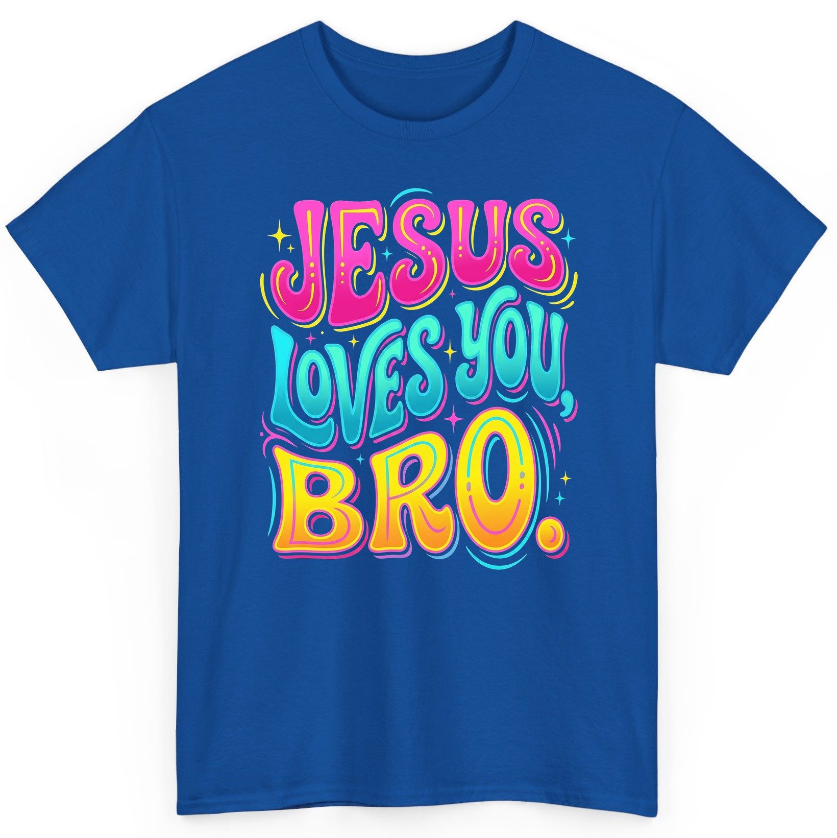 JESUS LOVES YOU BRO Retro Christian T-Shirt - product mockup - Royal