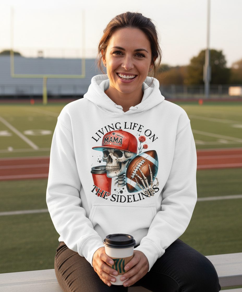 Living Life on the Sidelines football mama Hoodie White lifestyle mockup