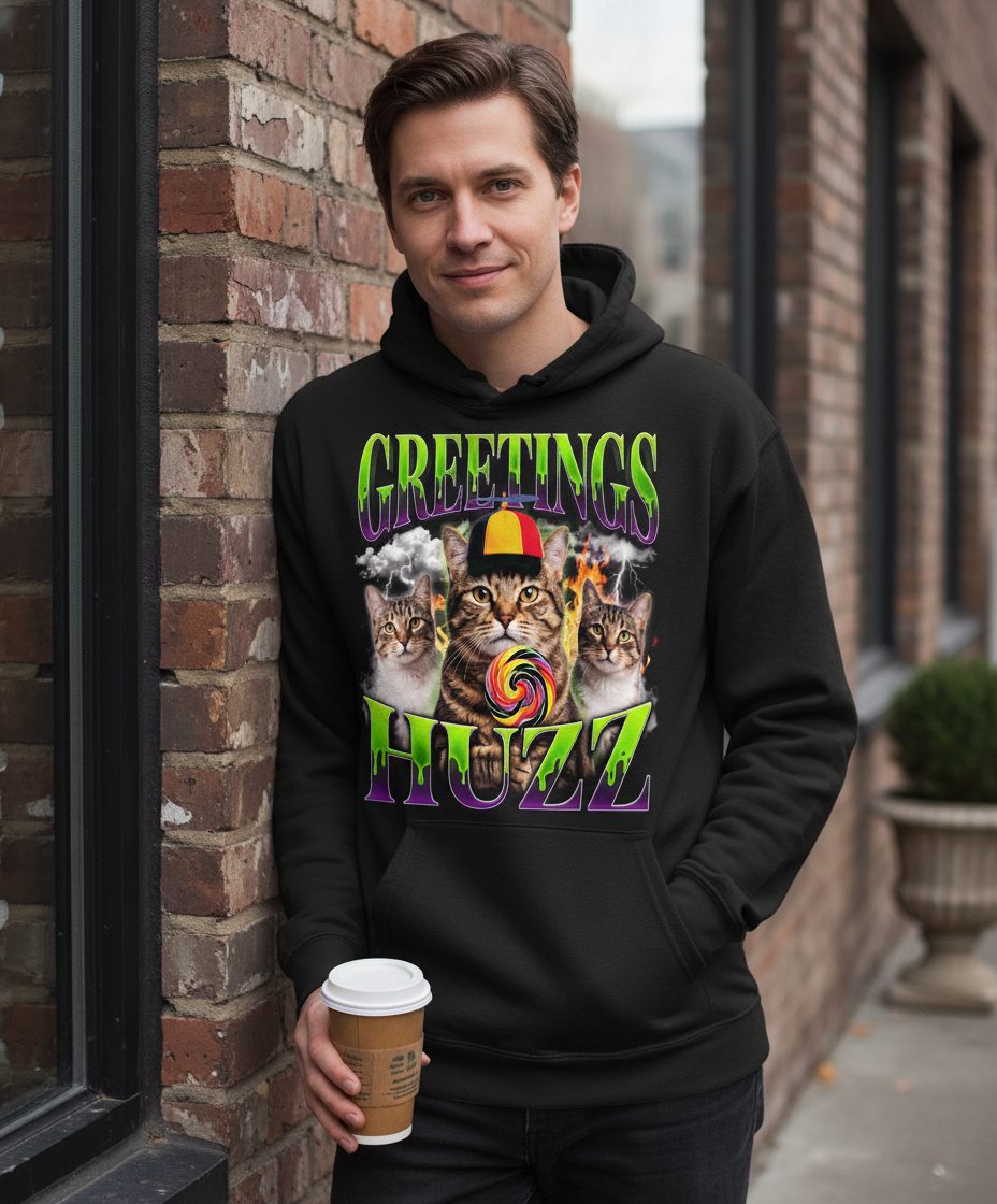 Greetings HUZZ Funny Cat Hoodie - lifestyle model mockup - Black