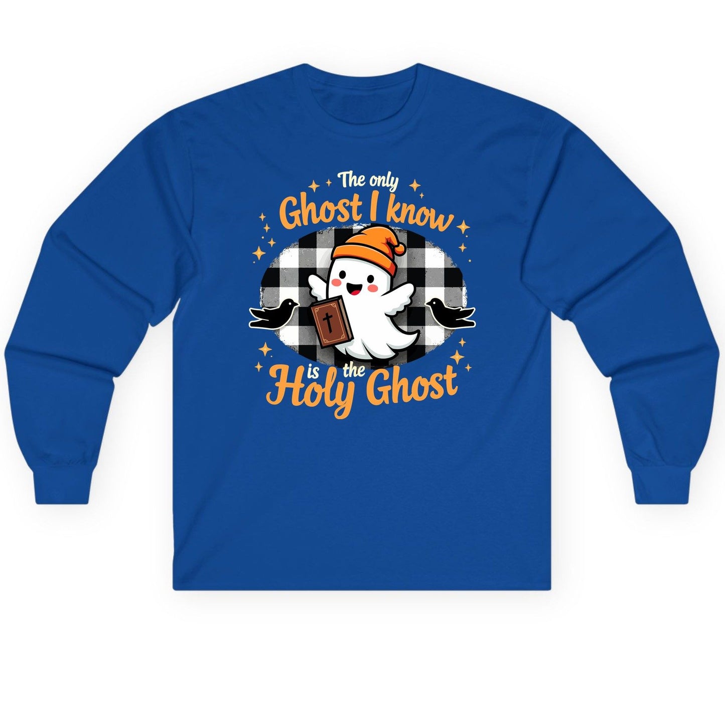 The Only Ghost I Know Is the Holy Ghost christian Halloween Long Sleeve Tee Royal product mockup