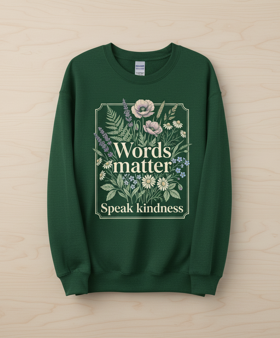 Words Matter Speak Kindness Botanical Floral Illustration Sweatshirt - Forest Green