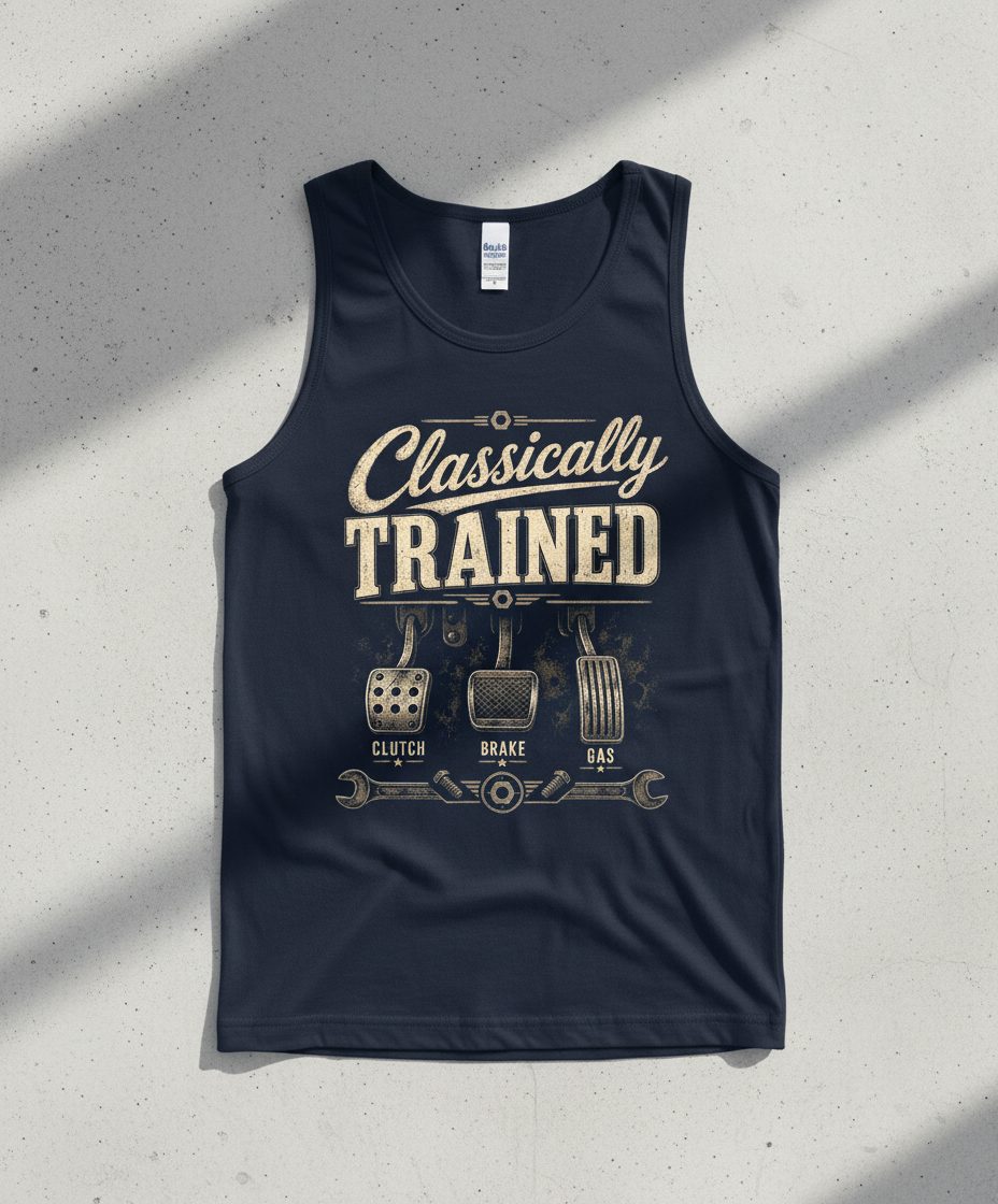 Classically Trained Retro Manual Transmission Tank Top - product mockup - Navy