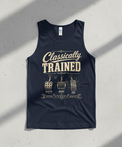Classically Trained Retro Manual Transmission Tank Top - product mockup - Navy