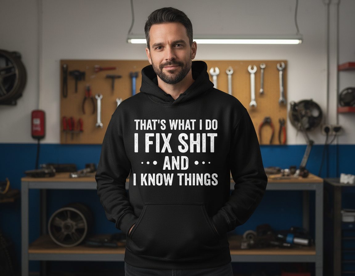 THAT'S WHAT I DO I FIX SHIT AND I KNOW THINGS Hoodie - lifestyle model mockup - Black