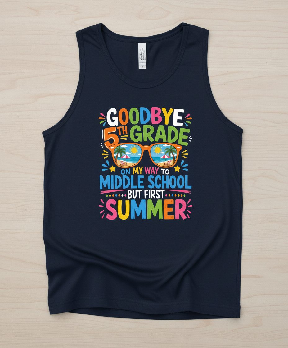 Goodbye 5th Grade on My Way to Middle School but First Summer Tank Top - product mockup - Navy