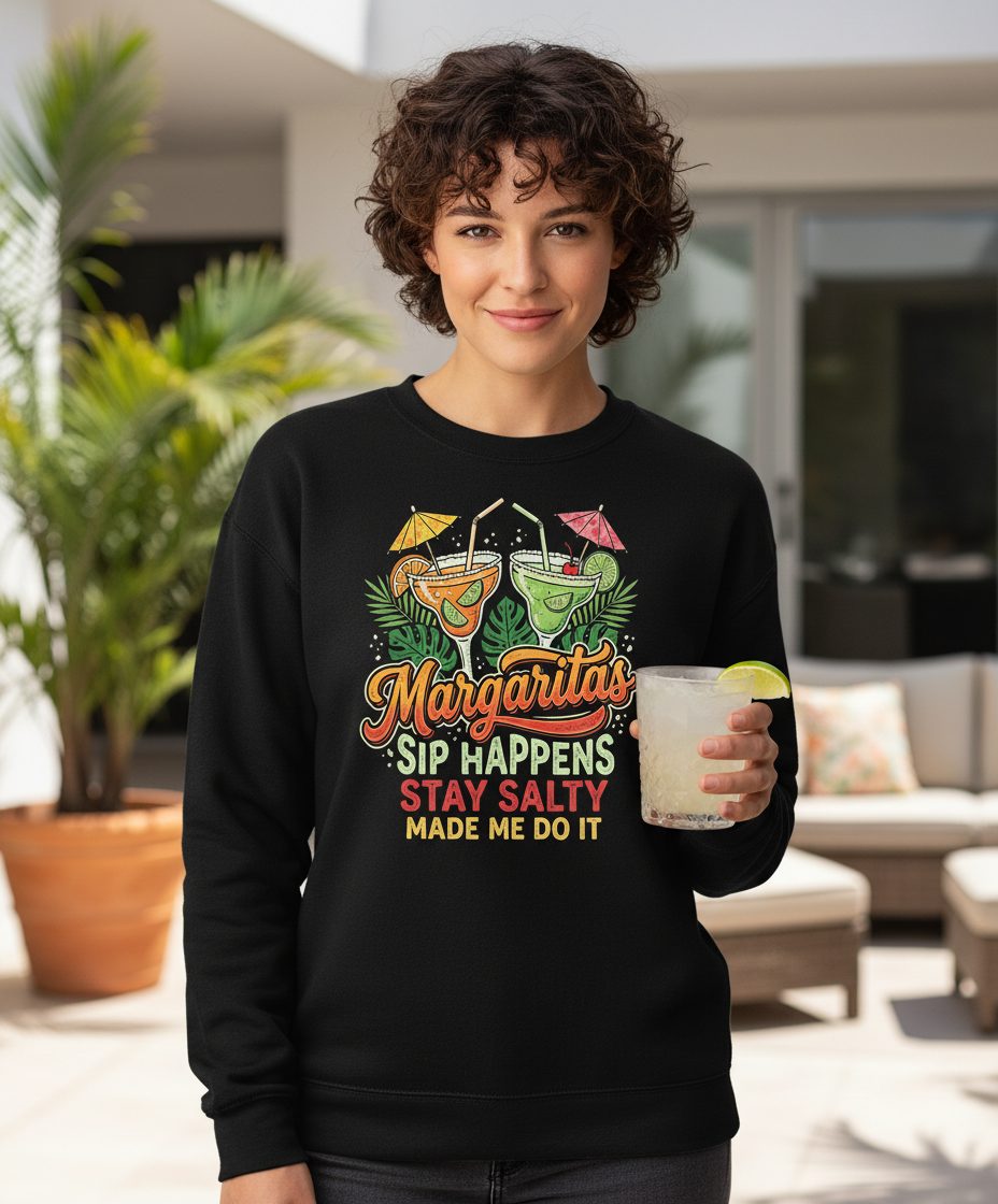 Margaritas Sip Happens Stay Salty Made Me Do It Sweatshirt - lifestyle model mockup - Black