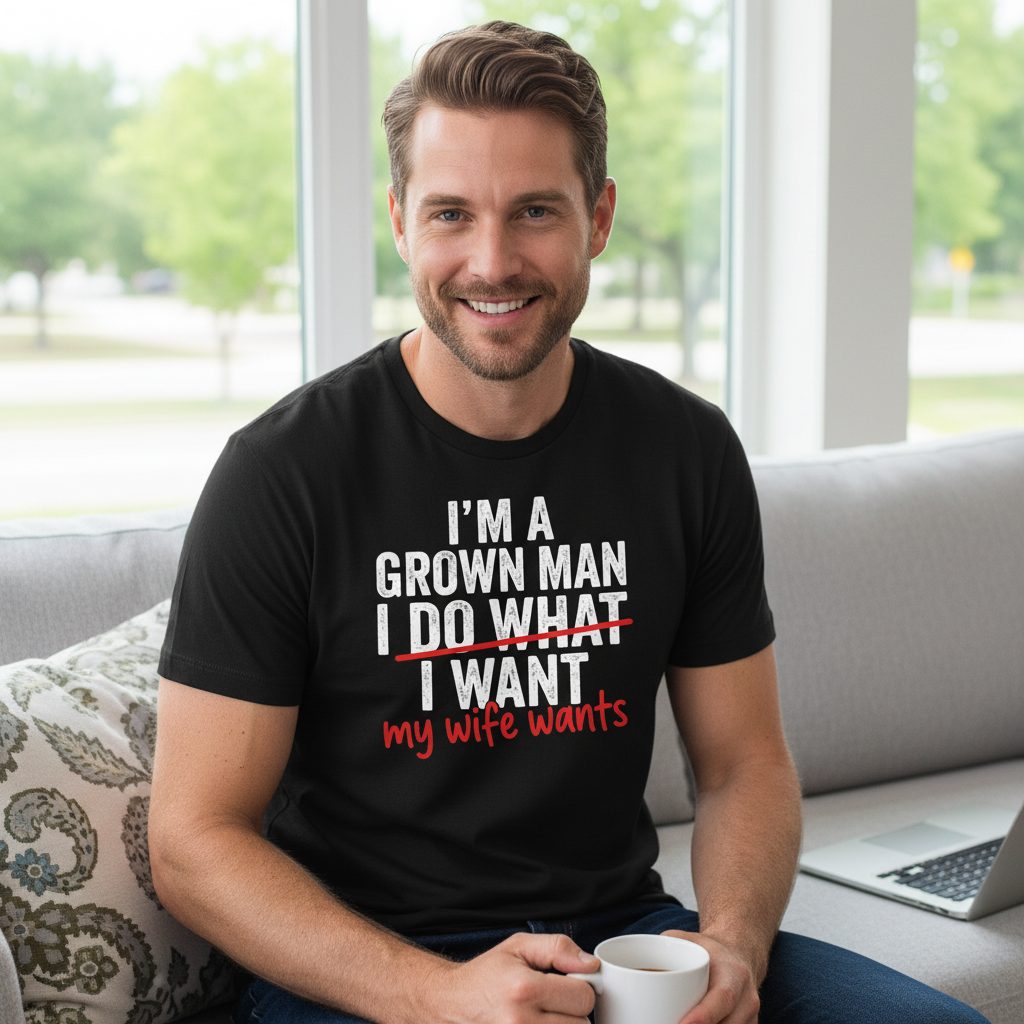 I'm a Grown Man I Do What I Want My Wife Wants T-Shirt - lifestyle model mockup - Black