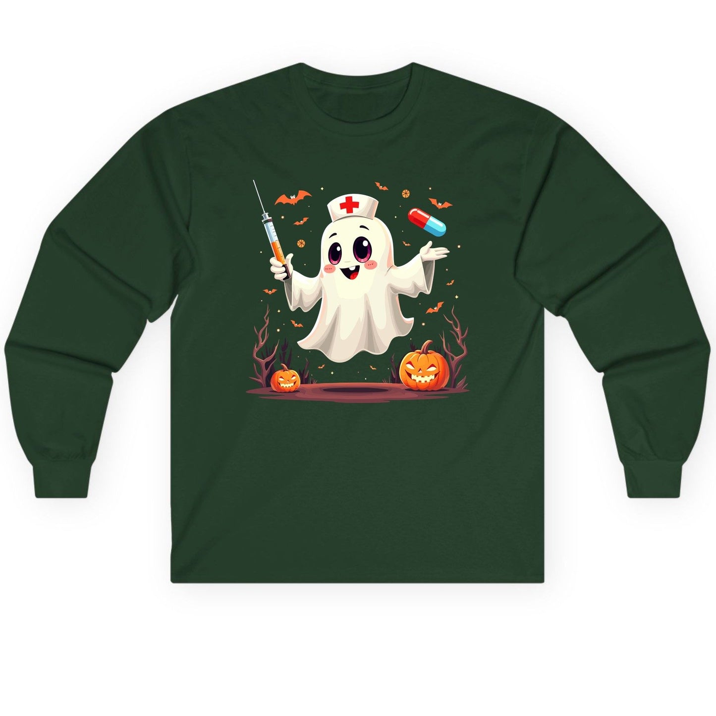 Cute Ghost Nurse Halloween ghost nurse Long Sleeve Tee Forest Green product mockup