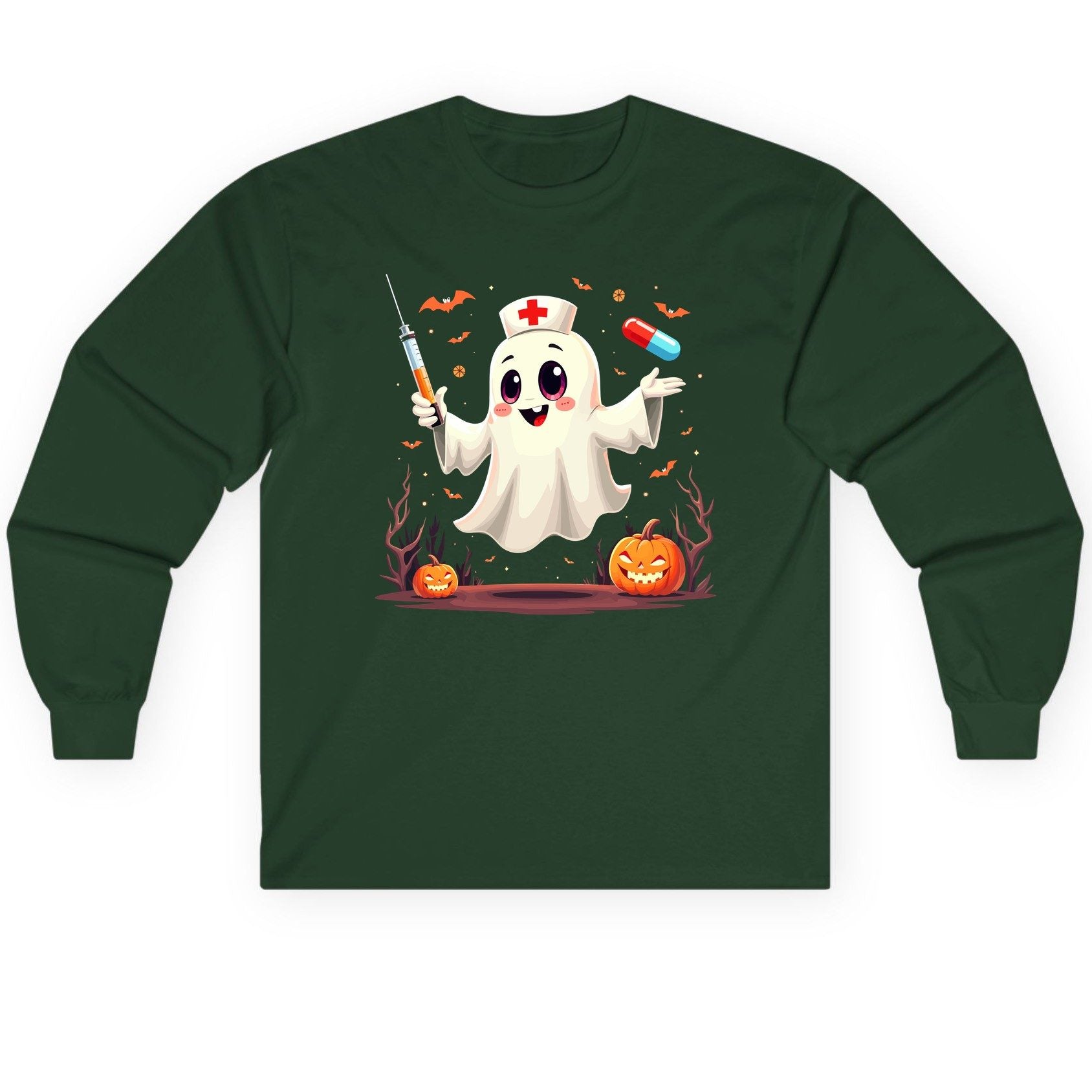 Cute Ghost Nurse Halloween ghost nurse Long Sleeve Tee Forest Green product mockup