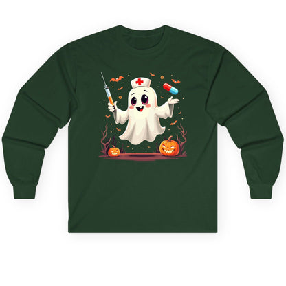 Cute Ghost Nurse Halloween ghost nurse Long Sleeve Tee Forest Green product mockup
