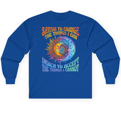 SATIVA TO CHANGE THE THINGS I CAN INDICA TO ACCEPT Long Sleeve Tee - product mockup - Royal