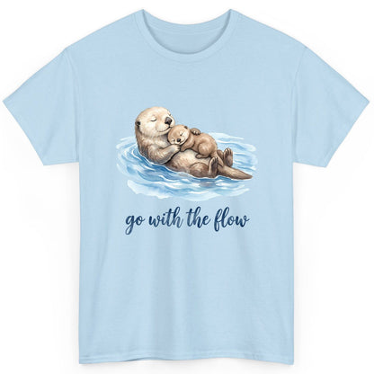 Go with the Flow Sea Otters T-Shirt - product mockup - Light Blue