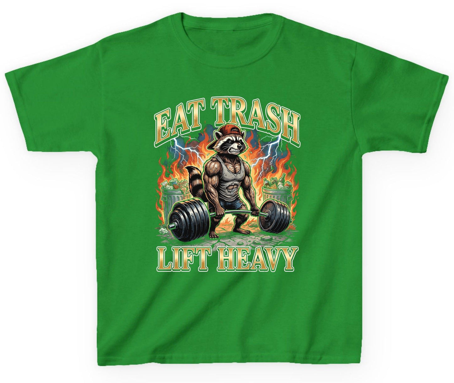 Eat Trash Lift Heavy raccoon Youth T-Shirt Irish Green product mockup