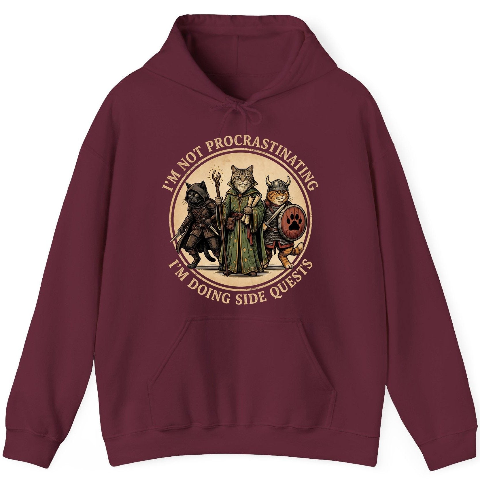 I'm Not Procrastinating I'm Doing Side Quests rpg cats Hoodie Maroon product mockup