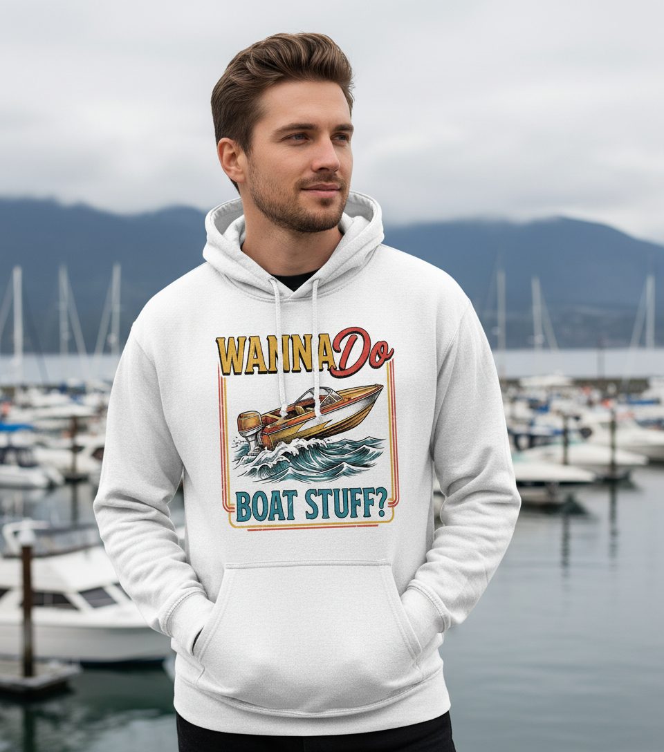 Wanna Do Boat Stuff Retro Boating Hoodie - lifestyle model mockup - White