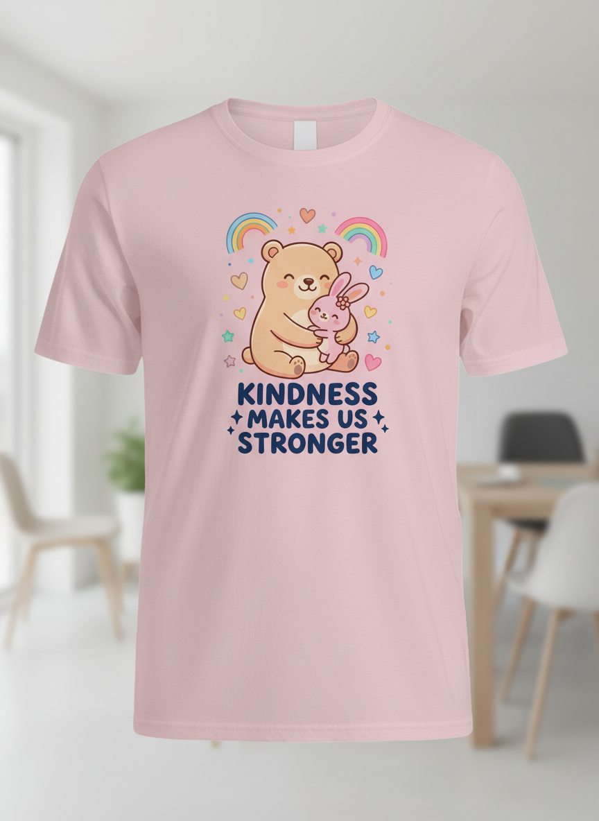 Cute Bear and Bunny Hug Kindness Makes Us Stronger Design T-Shirt - Light Pink