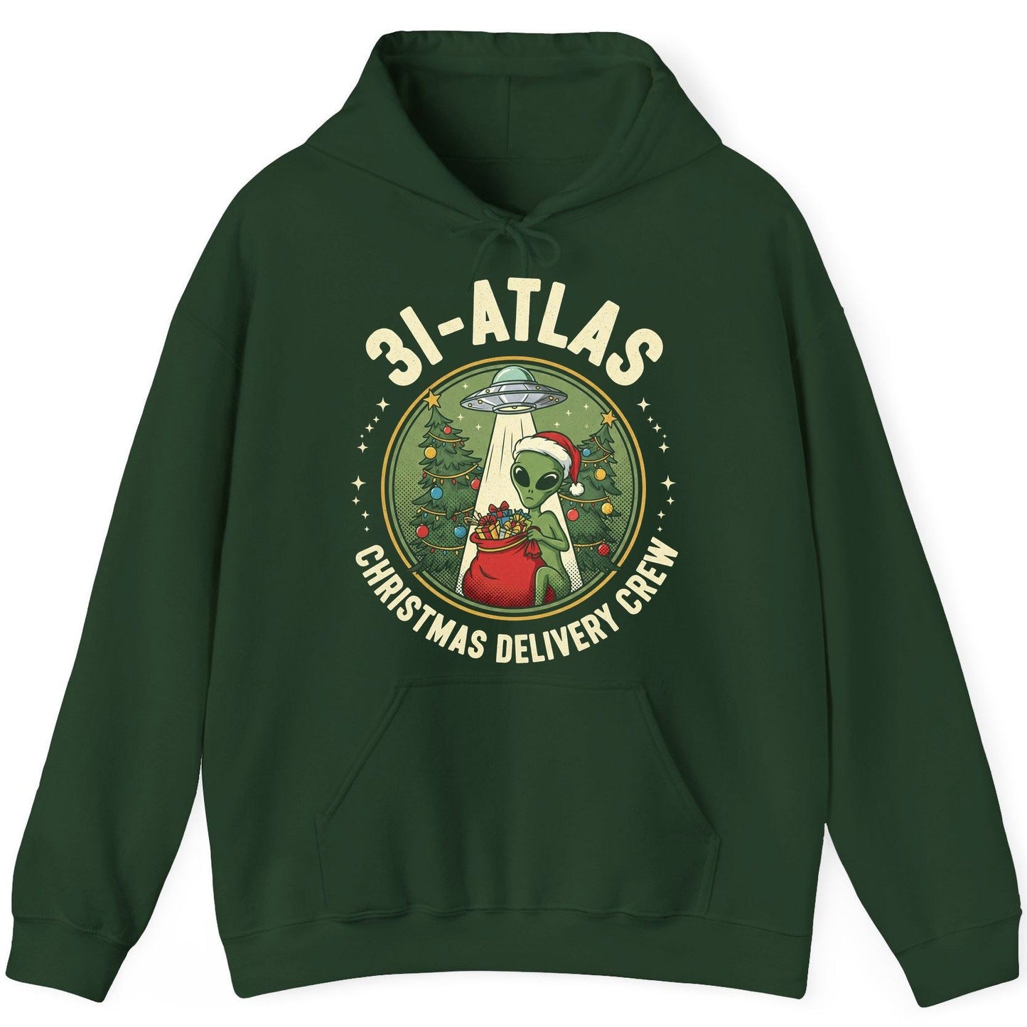 31-Atlas Christmas Delivery Crew alien Christmas Hoodie Forest Green product mockup