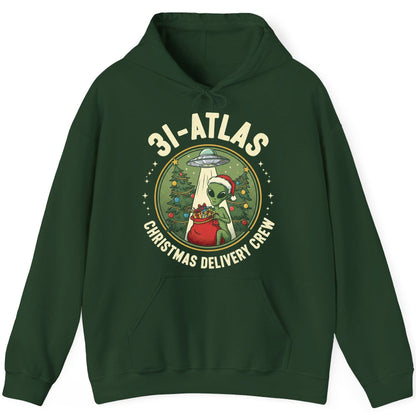 31-Atlas Christmas Delivery Crew alien Christmas Hoodie Forest Green product mockup