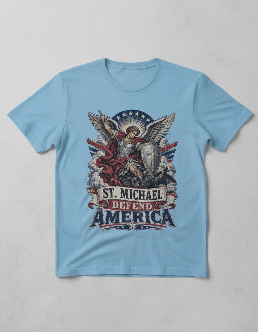 St Michael Defend America Vintage Patriotic Christian T-Shirt - product mockup - Light Blue