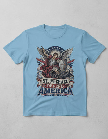 St Michael Defend America Vintage Patriotic Christian T-Shirt - product mockup - Light Blue