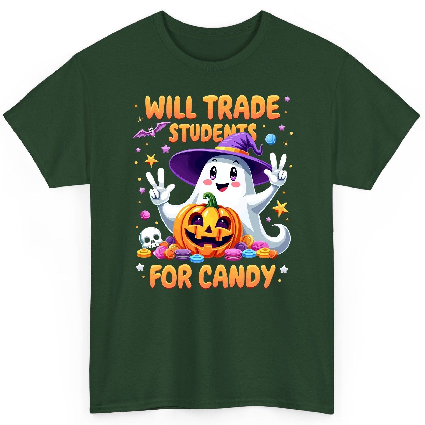 Will Trade Students for Candy teacher Halloween T-Shirt Forest Green product mockup